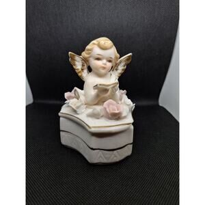 ARCO PORCELAIN ANGEL PLAYING HARP READING BIBLE/BOOK WITH ROSES* DELICATE